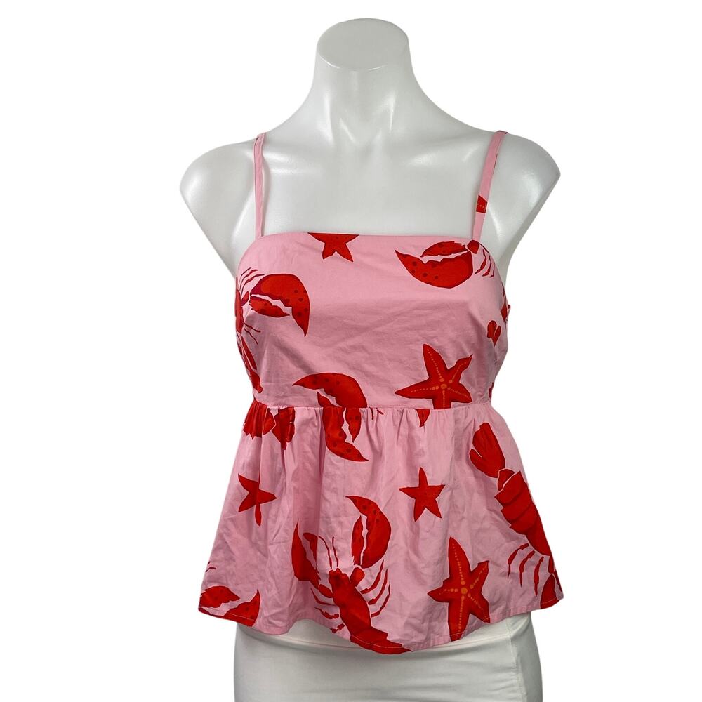 J.Crew Pink Lobster Starfish Nautical Graphic Tie Sleeveless Peplum Blouse 0P